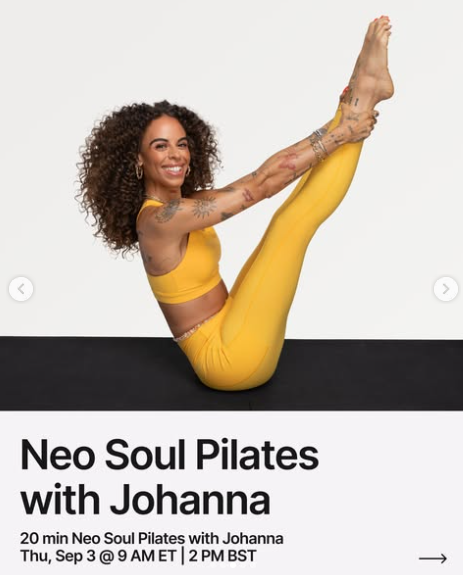 Johanna has a live 20 minute New Soul Pilates this week. Image credit Peloton social media.