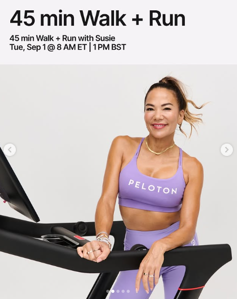 Susie has a live 45 minute Walk + Run this week. Image credit Peloton social media.