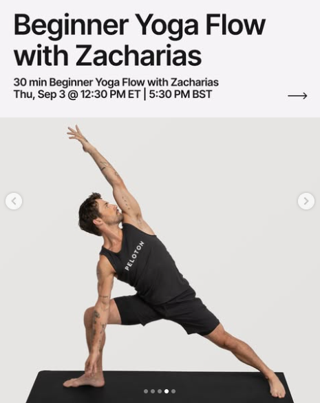 Zacharias has a live 30 minute Beginner Yoga Flow this week. Image credit Peloton social media.