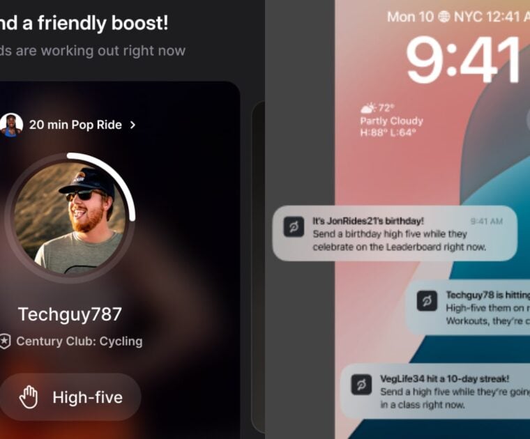 New out of class high five feature on a Peloton app. Image credit Peloton.