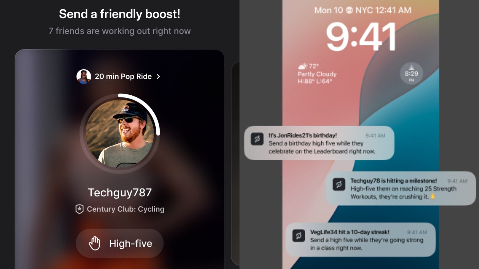 New out of class high five feature on a Peloton app. Image credit Peloton.