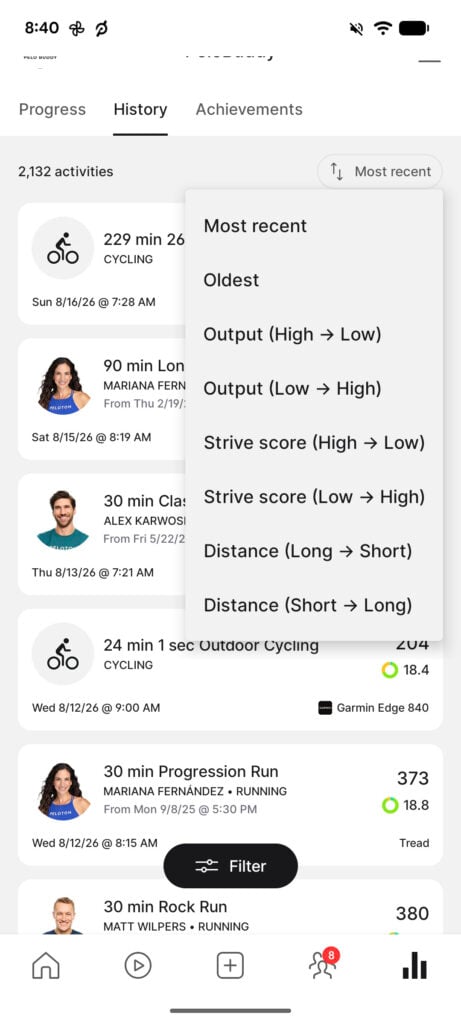 The eight sort options available on the History tab.