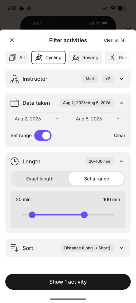 Multiple workout History filters can be combined, with the number of matching activities shown at the bottom.