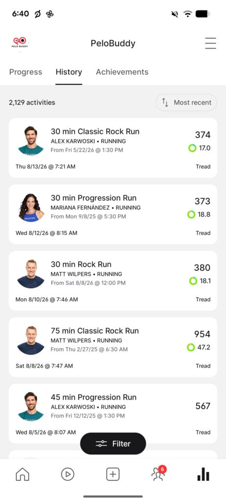 Filter button and sort control on the History tab of the Peloton app.