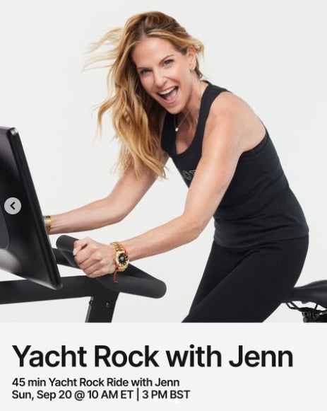 Jenn has a live 45 minute Yacht Rock Ride this week. Image credit Peloton social media.