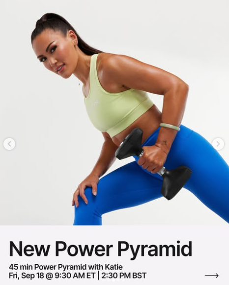 Katie has a live 45 minute Power Pyramid strength this week. Image credit Peloton social media.