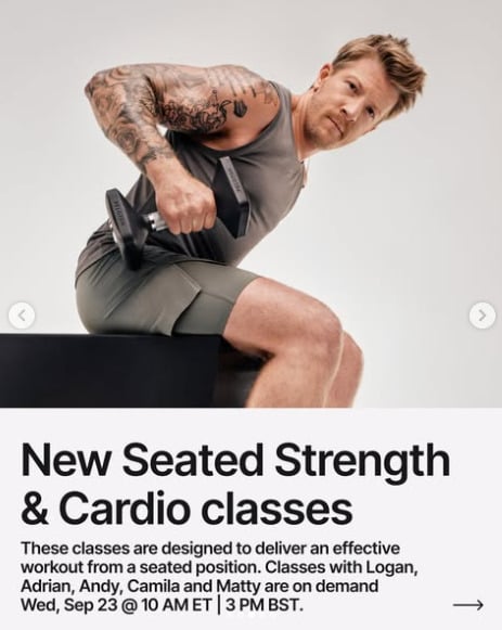 New seated adaptive strength and cardio classes drop this week. Image credit Peloton social media.
