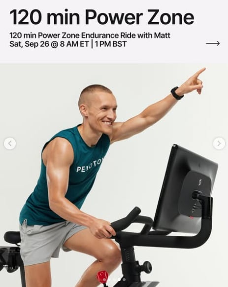 Matt has a live 120 minute Power Zone Endurance Ride this week. Image credit Peloton social media.