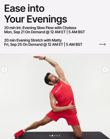 A new Evening Yoga Flow and Stretch drop on demand this week. Image credit Peloton social media.