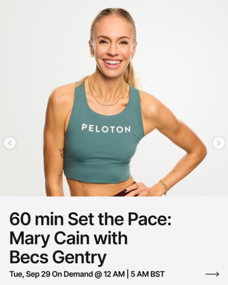 A 60 minute Set the Pace class with Becs and Mary Cain drops on demand this week. Image credit Peloton social media.