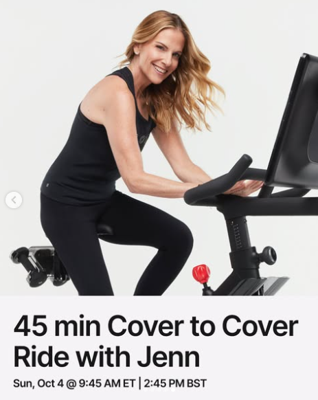 Jenn has a live 45 minute Cover to Cover Ride this week. Image credit Peloton social media.