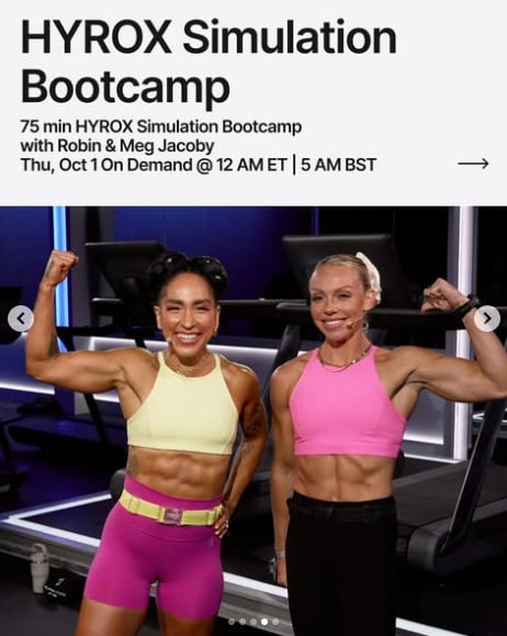 A new 75 minute HYROX Simulation Bootcamp with Robin and Meg Jacoby drops on demand this week. Image credit Peloton social media.