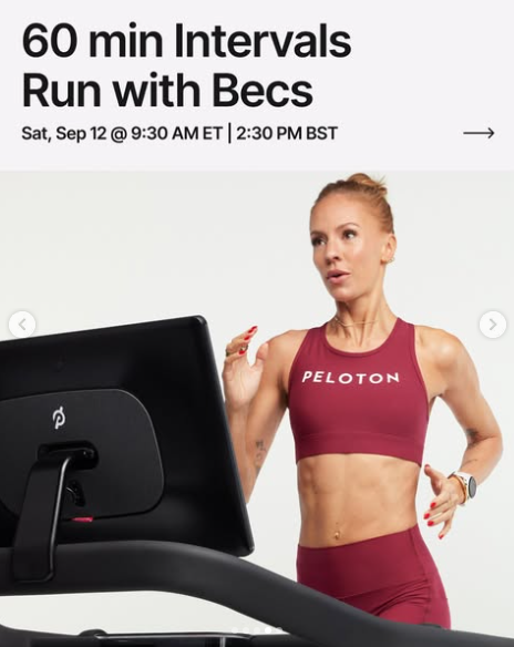 Becs has a 60 minute Intervals Run this week. Image credit Peloton social media.