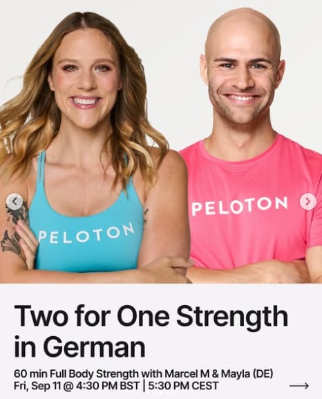 Mayla and Marcel M. have a 60 minute Two for One Full Body Strength in German this week. Image credit Peloton social media.