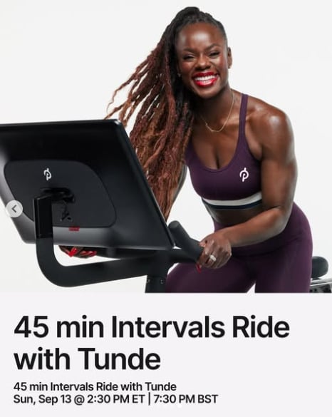 Tunde has a live 45 minute Intervals Ride this week. Image credit Peloton social media.