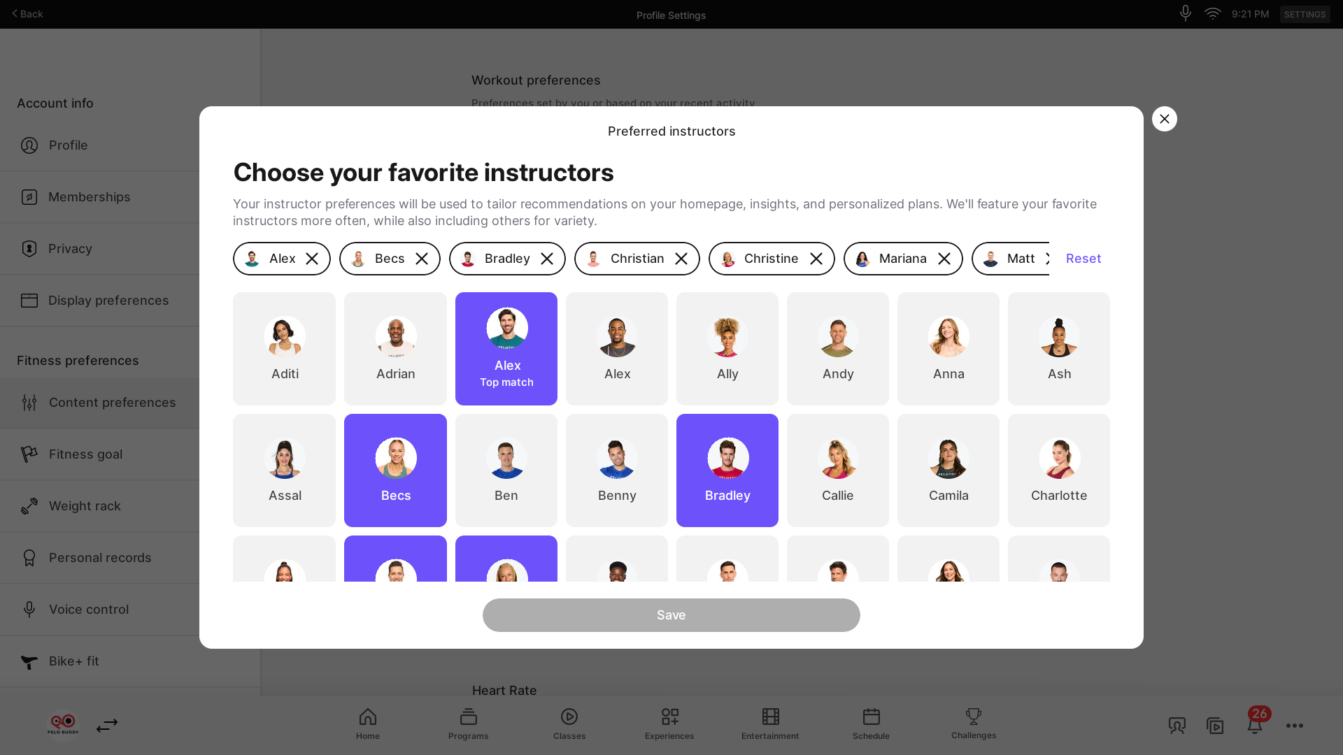 Members can select multiple favorite Peloton instructors.