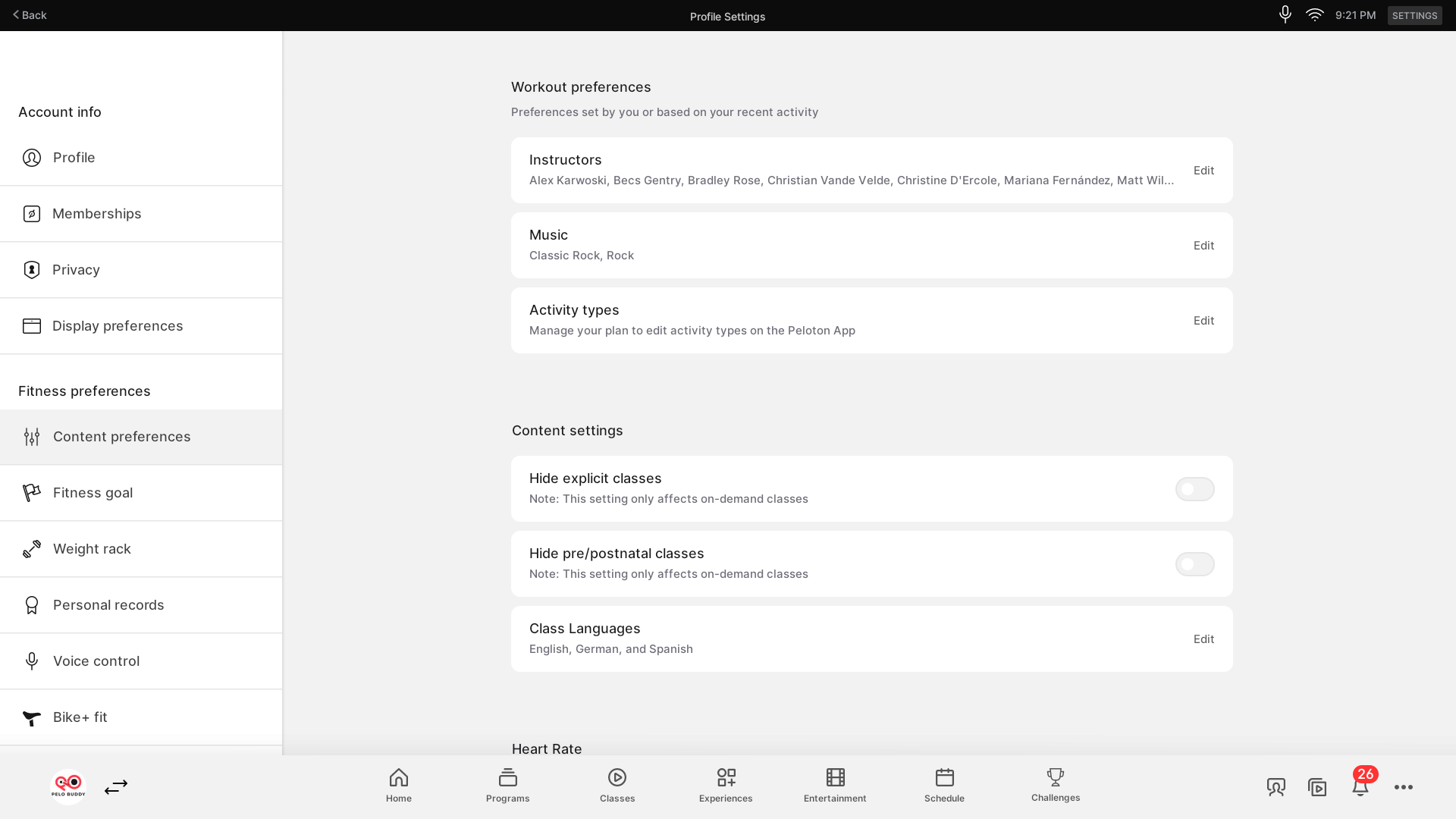 Workout preference settings section on a Peloton Bike.