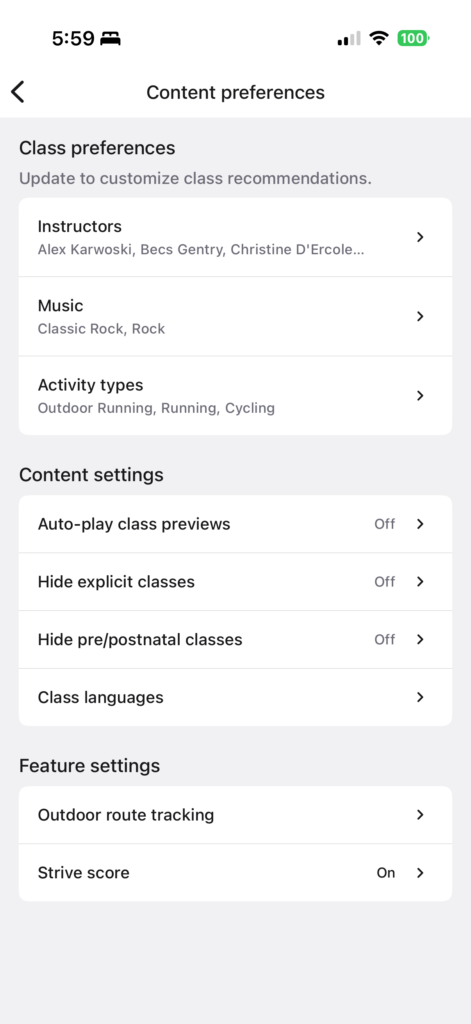 New class preferences for picking favorite instructors, music, and class type on Peloton.