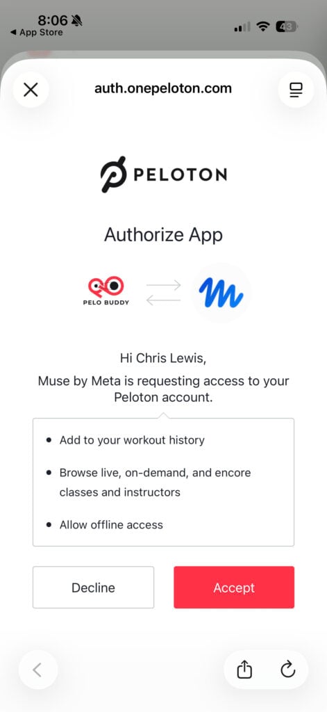 Peloton’s authorization screen lists the access requested by Muse. It does not include permission to read completed workouts.