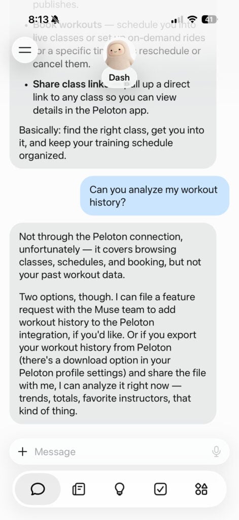 Muse confirmed that the Peloton connector cannot directly access completed workout data.