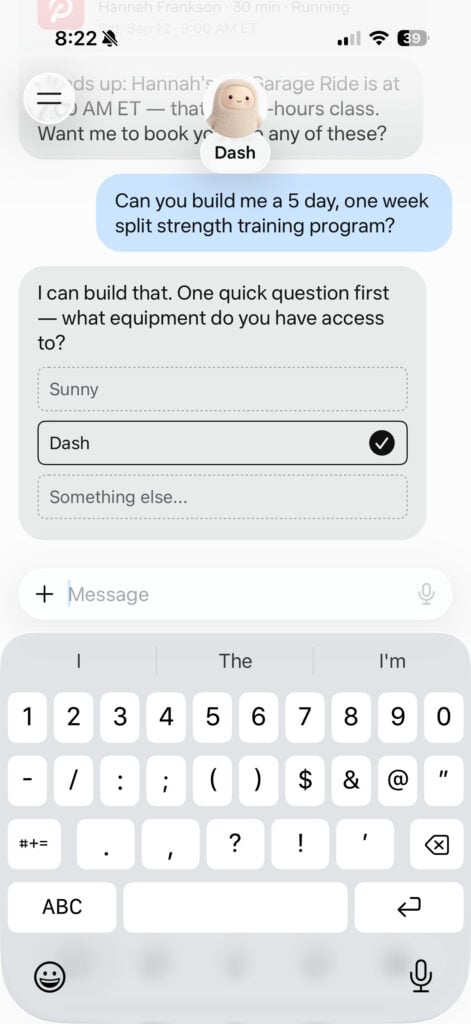 Muse asked what strength equipment was available but accidentally displayed its earlier assistant-name choices.