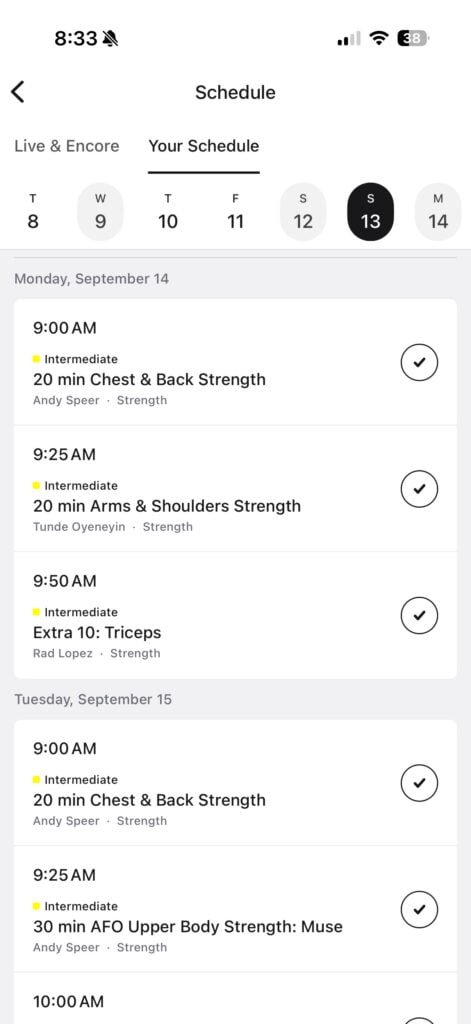Muse scheduled two or three Peloton strength classes back-to-back on each training day.