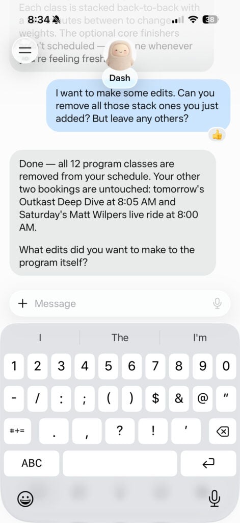 Muse removed all 12 classes from its strength plan while leaving two unrelated bookings untouched.