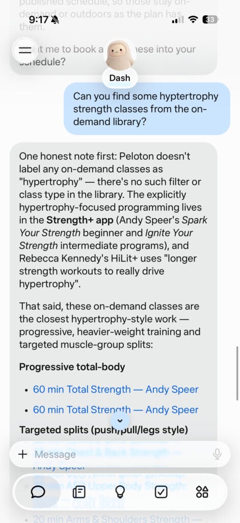 Muse answering a question about hypertrophy Peloton strength classes