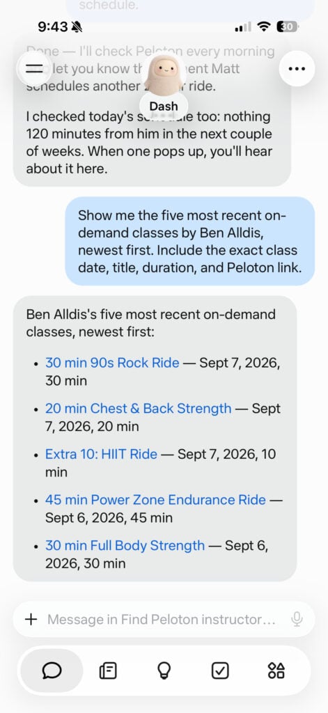 Muse returning the recent classes by an instructor