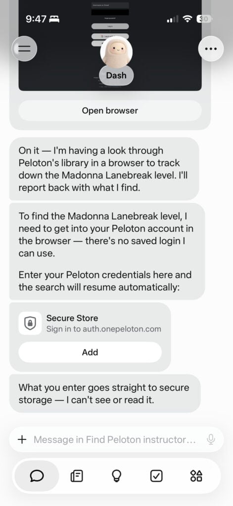 When the connector could not access Lanebreak, Muse offered to log into Peloton through its browser using a separate credential store.