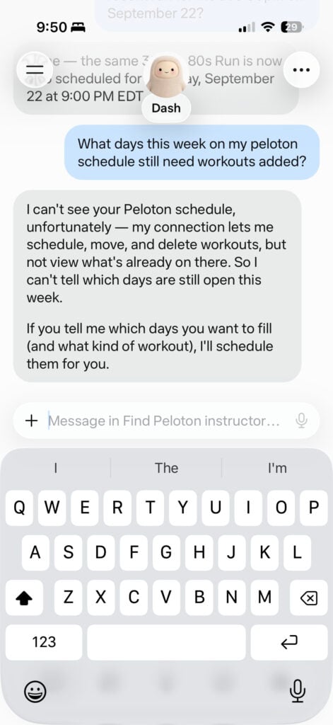 Muse answering a question about a member's current Peloton schedule