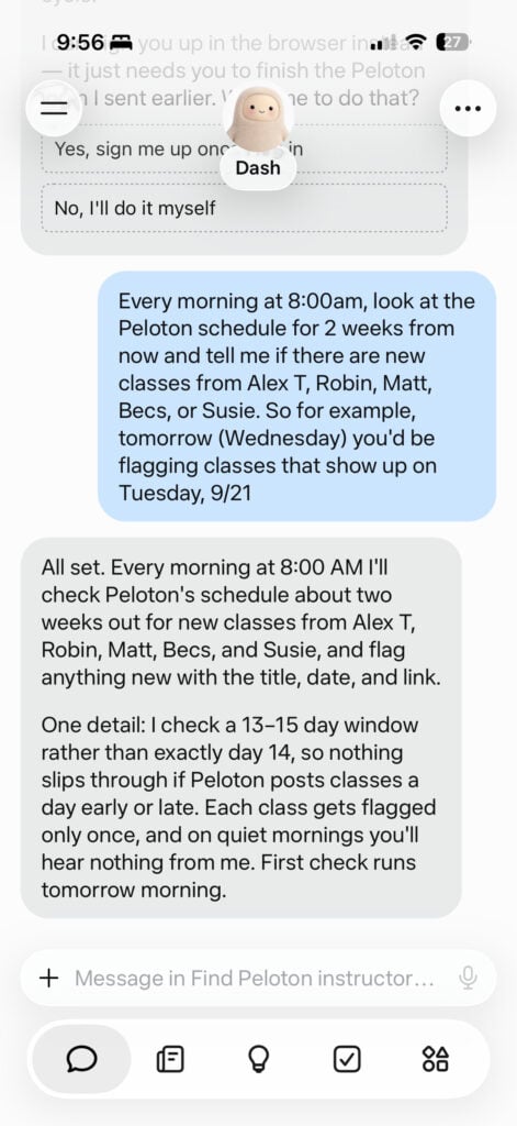 Muse agreed to check the Peloton schedule every morning for newly added classes from selected instructors.