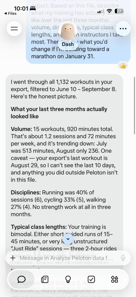 Muse reported only 15 workouts and 920 minutes for a period that actually contained 66 workouts and 2,997 minutes.