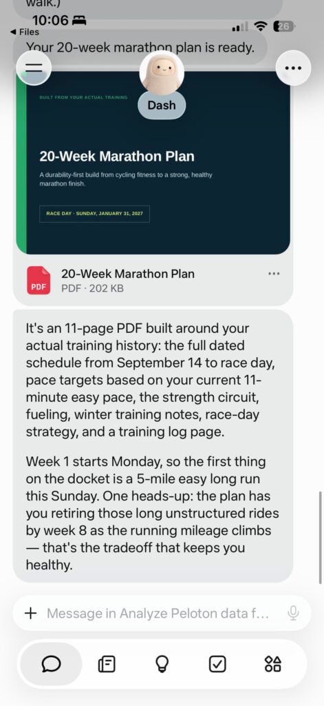 Muse created an 11-page marathon plan using the incorrect conclusions from its workout-history analysis.