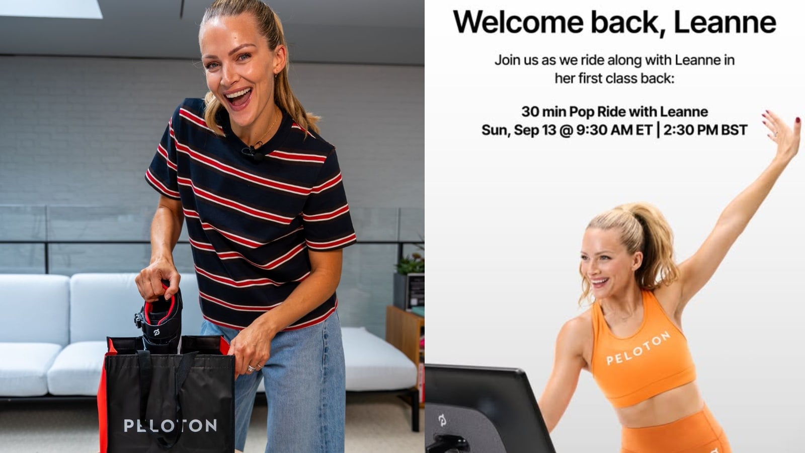 Peloton social media post about Leanne Hainsby-Alldis' first classes back