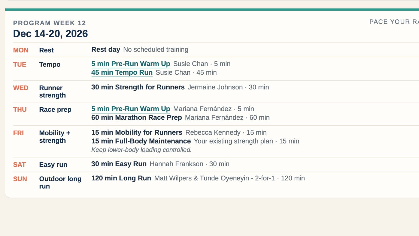 Muse rebuilt the plan with two base weeks followed by Peloton’s complete 18-week Pace Your Race program.