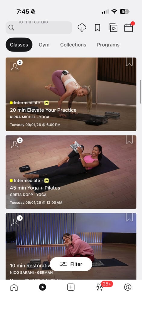 Yoga classes in the on-demand library with flagged movement types.
