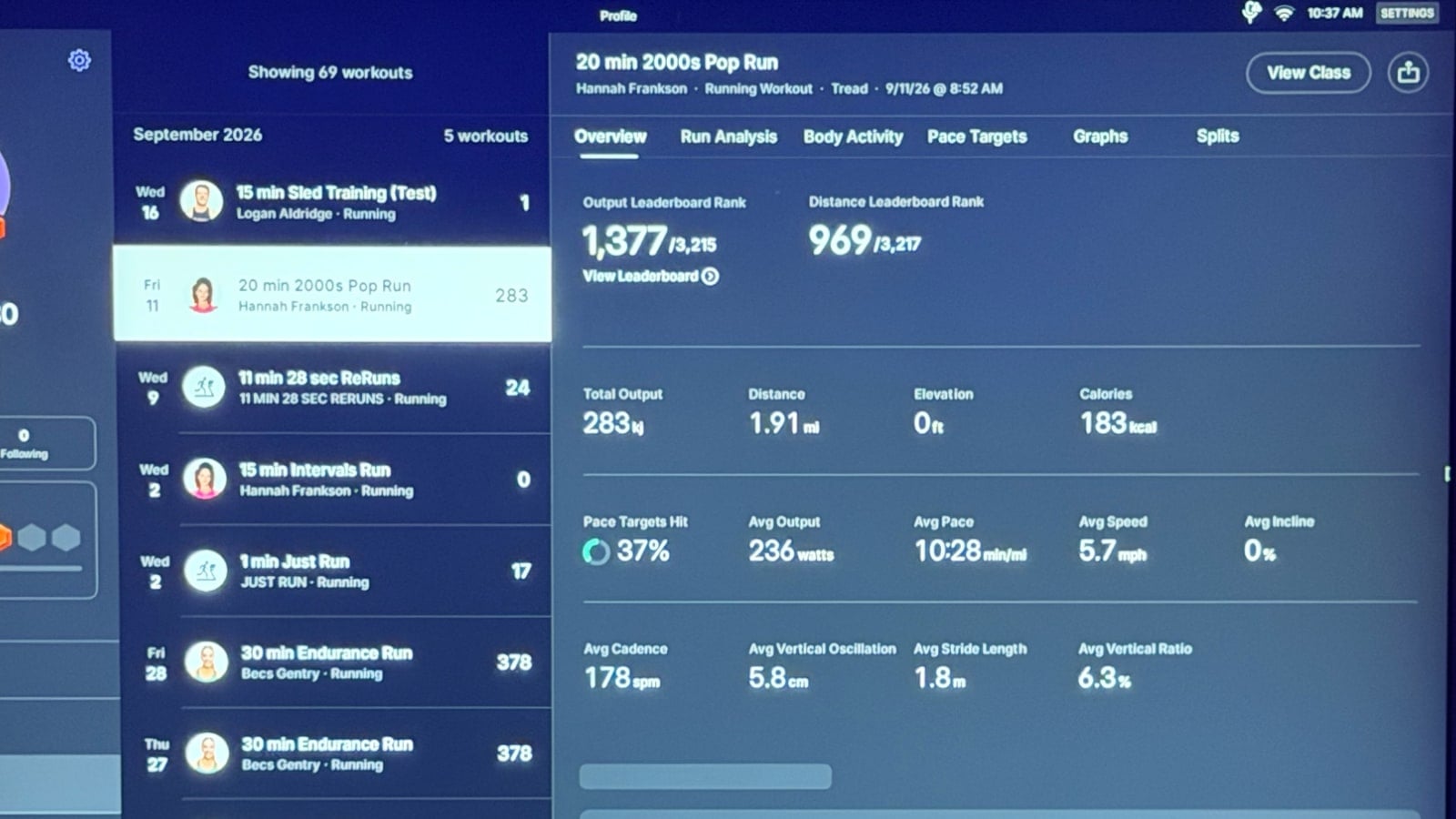 Raw numbers in the post class overview screen.