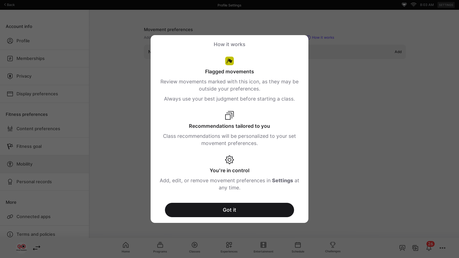 Peloton's movement preferences screen under "Mobility" section