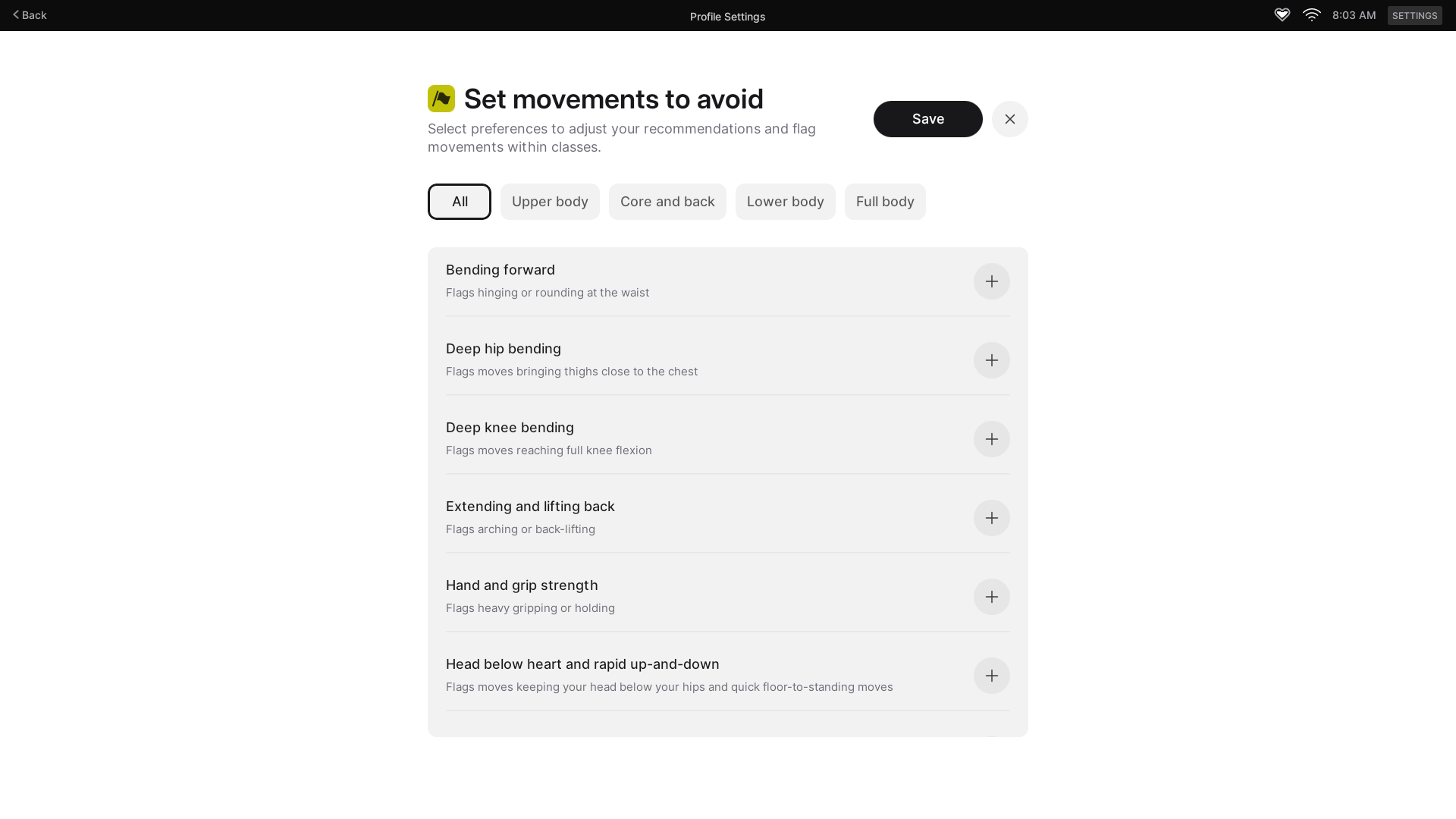 Peloton's movement preferences screen under "Mobility" section