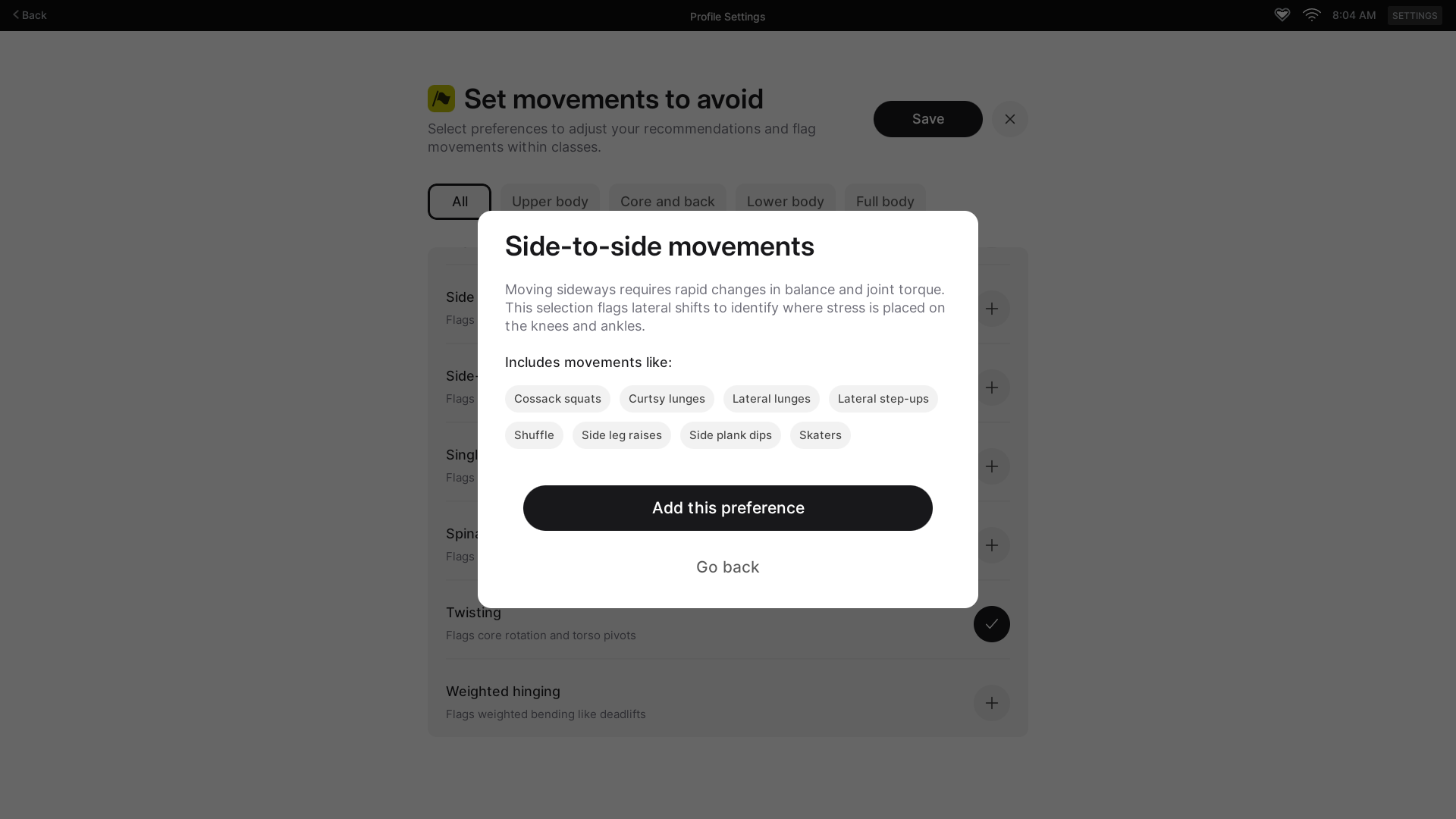 Peloton's movement preferences screen under "Mobility" section