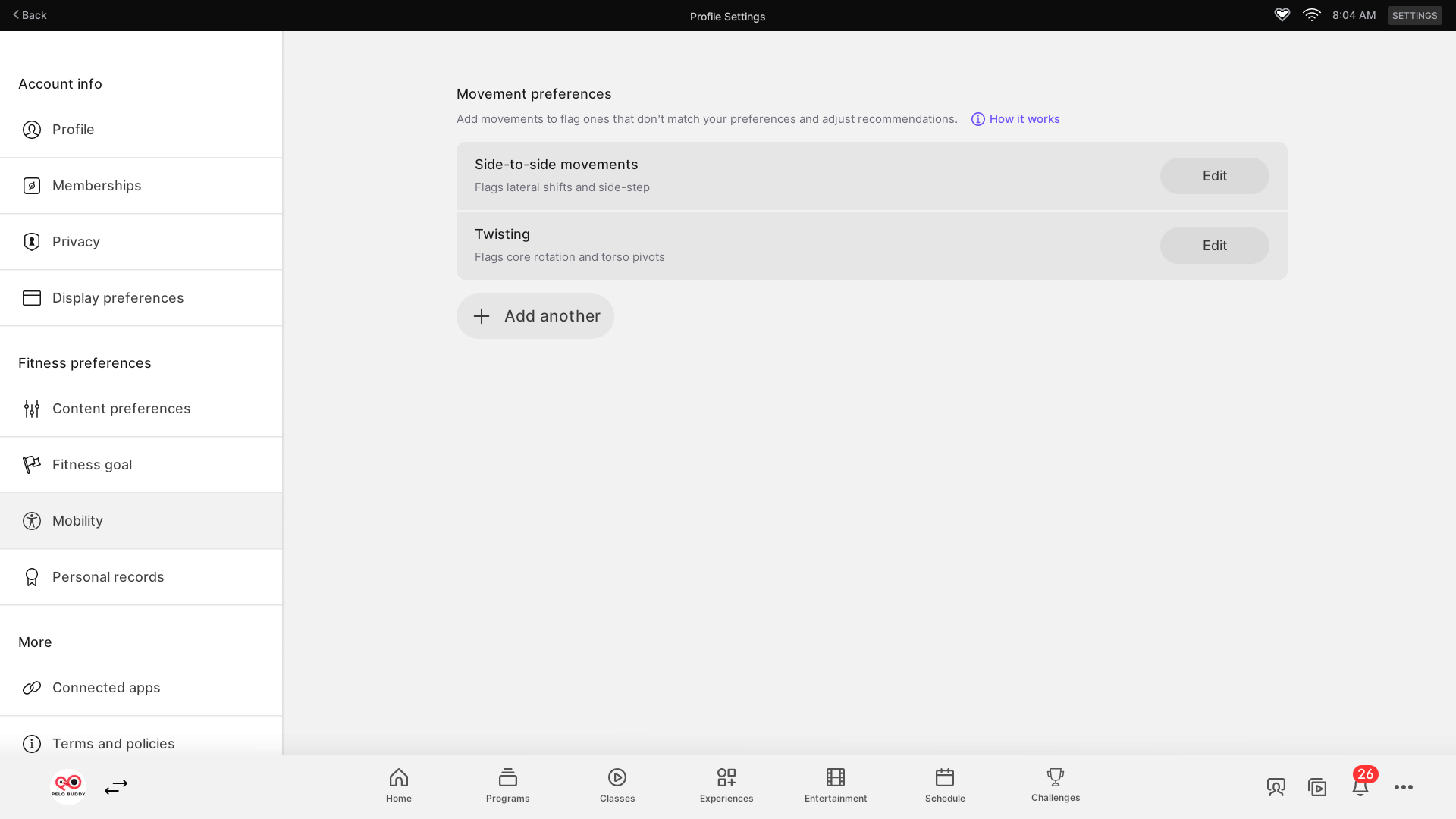 A list of movements the user wants to avoid.