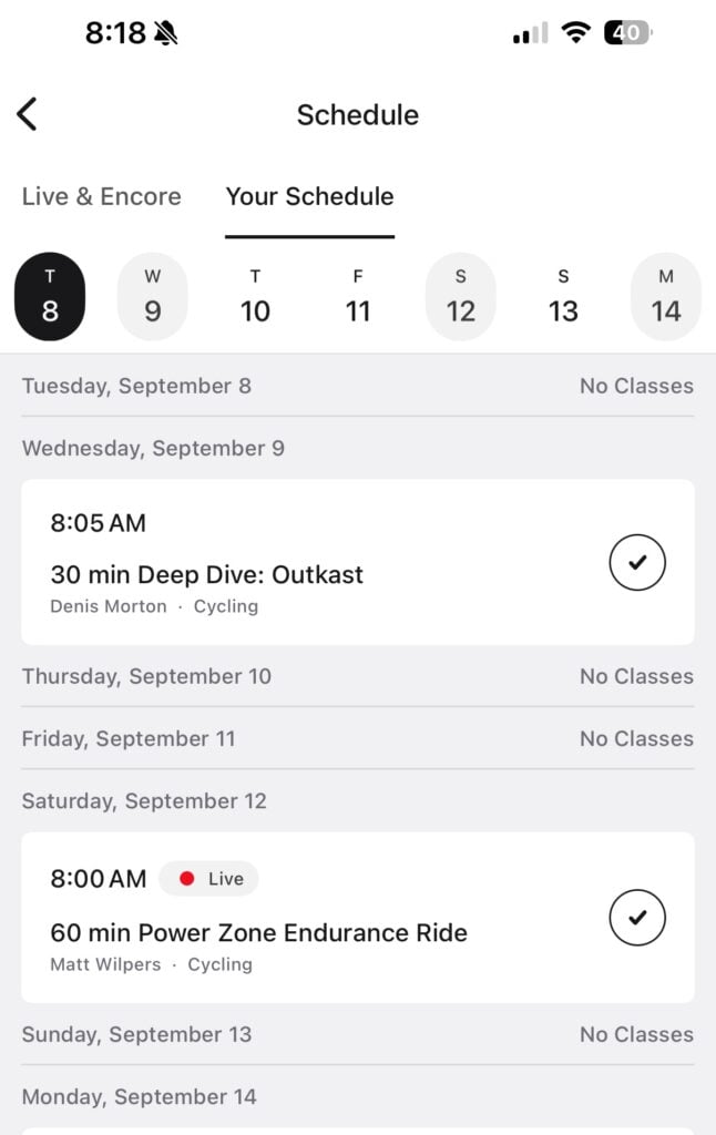 A Matt Wilpers ride and Denis Morton Outkast class added through Muse appeared on the Peloton schedule.