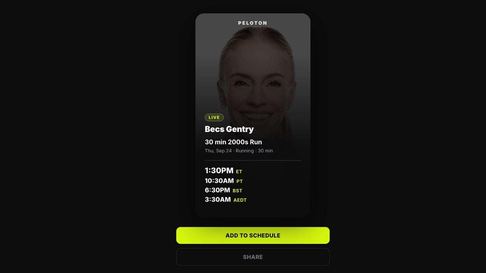 Individual classes can now be opened and shared with start times shown across several time zones.