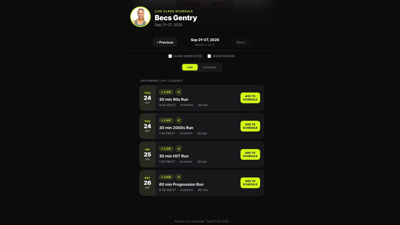 Peloton's instructor schedule pages now let members move between two weeks of upcoming classes.