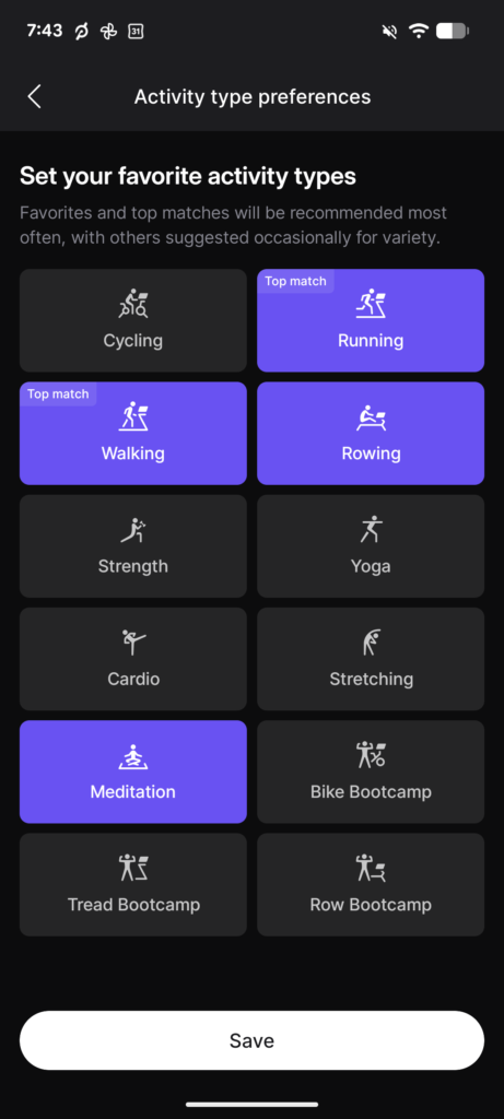 Activity preferences can include multiple Peloton disciplines.
