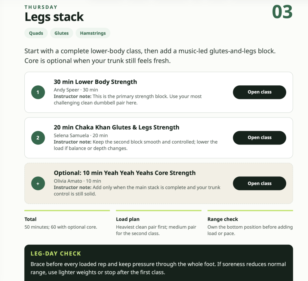 Muse AI generated split strength program sample day with Peloton classes
