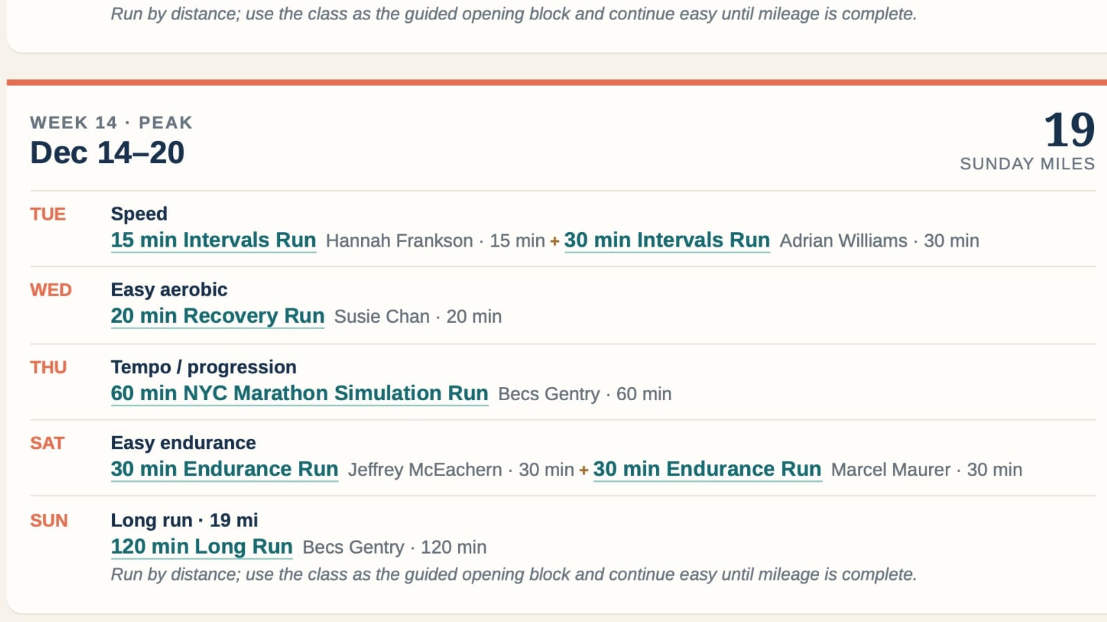 Sample week from the Muse marathon plan with Peloton classes