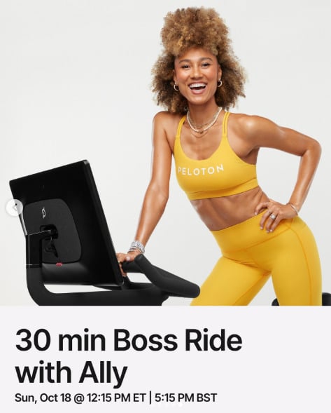 Ally has a live 30 minute Boss Ride this week. Image credit Peloton social media.