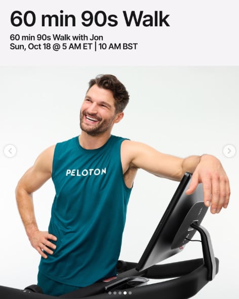 Jon has a live 60 minute 90s Walk this week. Image credit Peloton social media.
